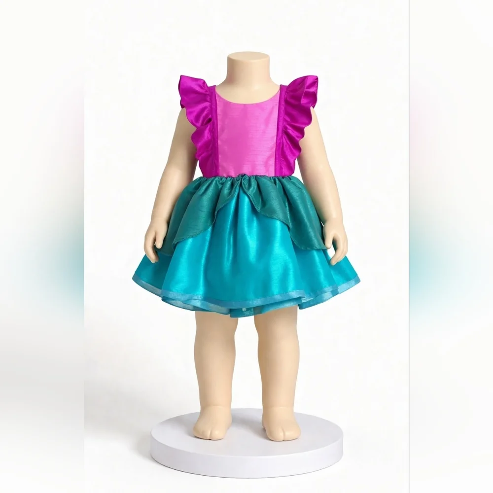 Girls Satin Ruffle Dress in Fuchsia and Teal